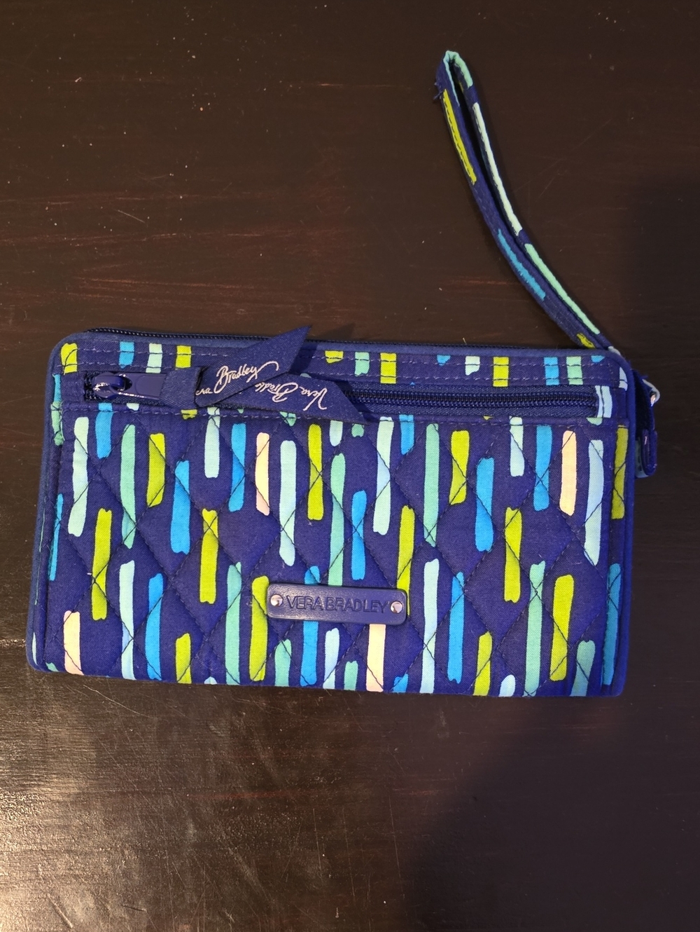 Vera Bradley Quilted Wristlet in Navy with Aqua and Lime Accents